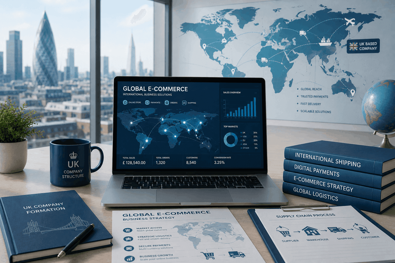 Consulenza per e-commerce internazionale, società UK, logistica globale, pagamenti digitali e strategie di espansione online nei mercati internazionali.
