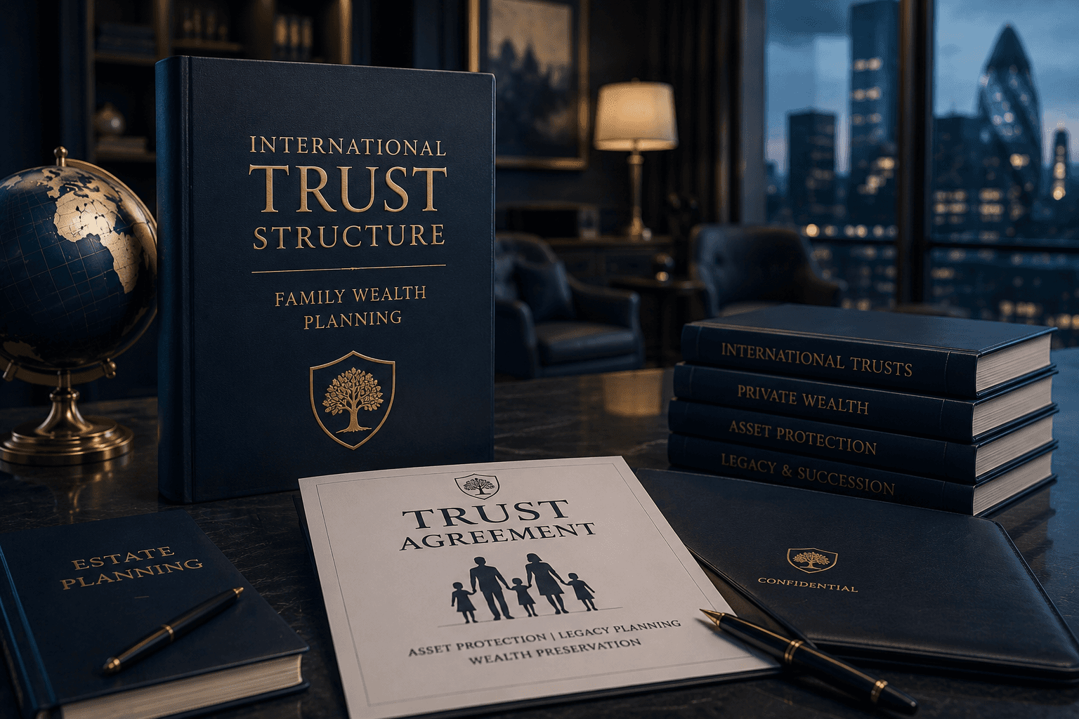 International trust structure for family wealth planning, asset protection and estate succession strategy in a premium financial consulting corporate environment.